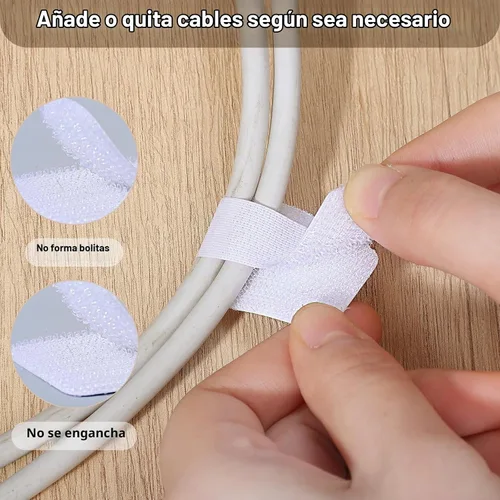 Vista 6 de 100 correas de cables para debajo del escritorio, correas de cable de gancho y bucle, color blanco