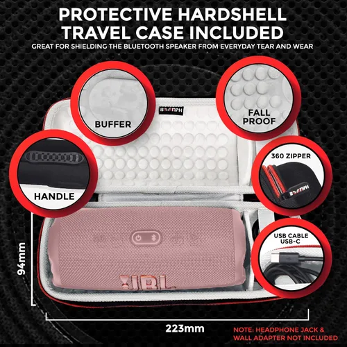Vista 4 de JBL Charge 5 - Paquete de altavoz portátil Bluetooth inalámbrico impermeable con estuche rígido portátil y protector Boomph - Rosa