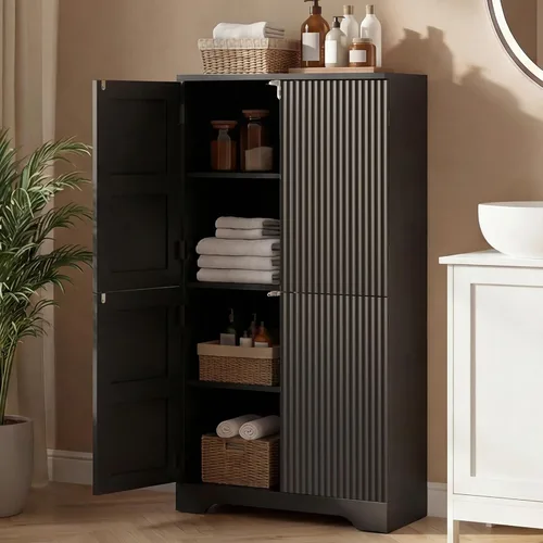 Vista 2 de ChooChoo Armario de piso de baño con 4 puertas estriadas y estantes ajustables Negro