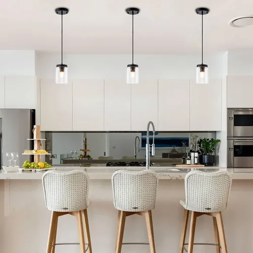 Vista 5 de Mini lámpara colgante industrial moderna de vidrio con semillas de burbujas, cilindro de iluminación colgante de cable ajustable para isla