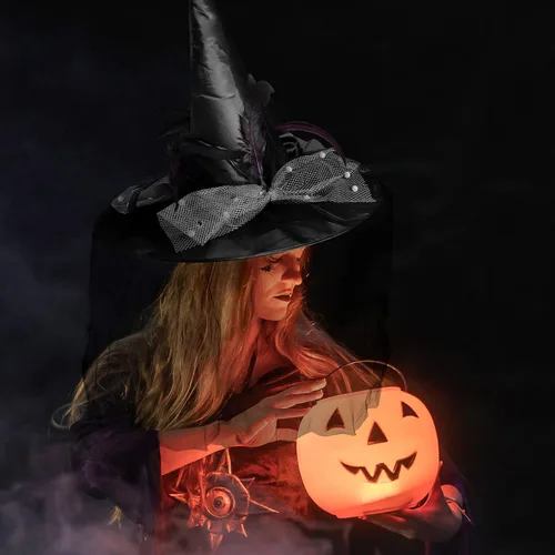 Vista 7 de Goetland - gorro de bruja con velos arañas y plumas para Halloween para mujer