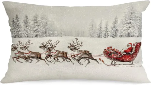 Vista 16 de AOFANGGO Funda de almohada de Navidad de 12 x 20 pulgadas, decoración navideña de árbol de leopardo, funda de cojín rústica para cama, silla, sofá