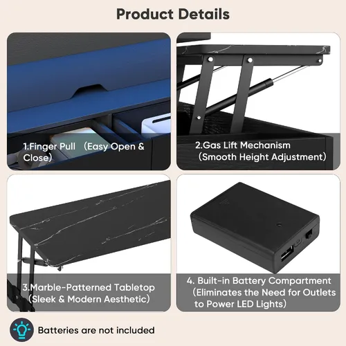 Vista 7 de Mesa de centro elevable de 40 pulgadas con luz LED, modernas mesas de centro grandes con almacenamiento y 4 cajones, mesa de centro de mesa