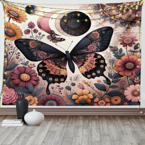 Vista 57 de Ambesonne Tapiz bohemio, diseño floral de bruja, luna y mariposa con adornos de mandala, decoración de tela para colgar en la pared para dormitorio