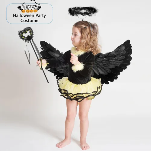 Vista 7 de 6 piezas de alas de ángel para niños y diadema de halo con varita de ángel cosplay para niñas, suministros de fiesta de disfraces de Halloween