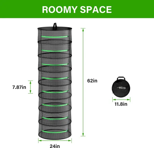 Vista 4 de iPower Estante plegable de malla de hierbas de 2 pies y 8 capas con cremalleras, red de secado para colgar, anillo resistente para plantas