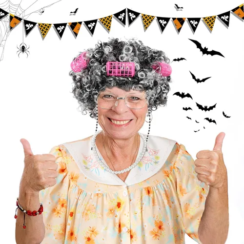Vista 4 de Jiuguva 7 piezas de disfraz de anciana para mujeres y niños, túnica de manga corta para abuelita, peluca de anciana, peluca plegable con muleta