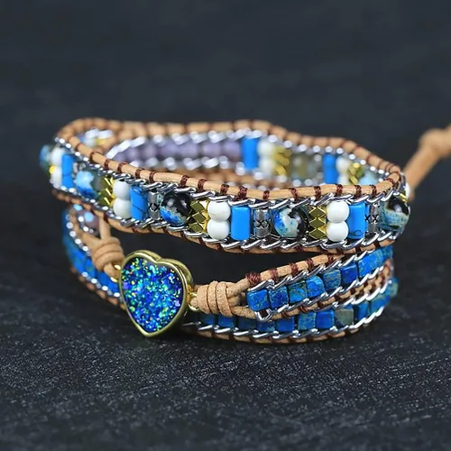 Vista 5 de ZOSOJONA Pulsera envolvente para mujer, estilo bohemio, con cuentas de piedra de cristal de jaspe natural