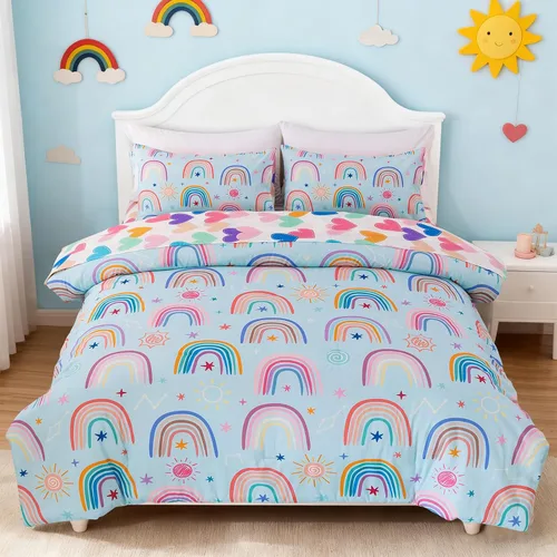 Vista 3 de Holawakaka Juego de edredón bohemio arcoíris tamaño individual con sábanas, juego de cama bohemio de 5 piezas con corazón, estrella y amor para Azul