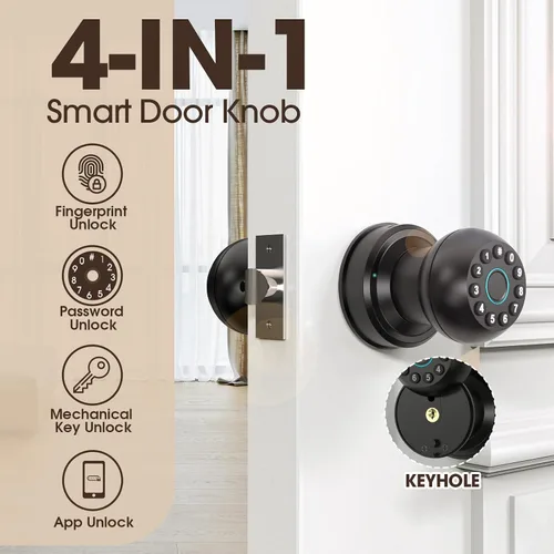 Vista 2 de Cerradura de puerta de huellas dactilares, perilla inteligente de puerta de huellas dactilares con teclado, pomos de puerta biométricos con control