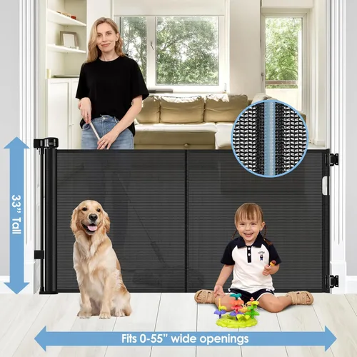 Vista 2 de Puertas retráctiles reforzadas para bebés con varillas de soporte, se extienden hasta 55" de ancho, puerta retráctil para perros para entradas