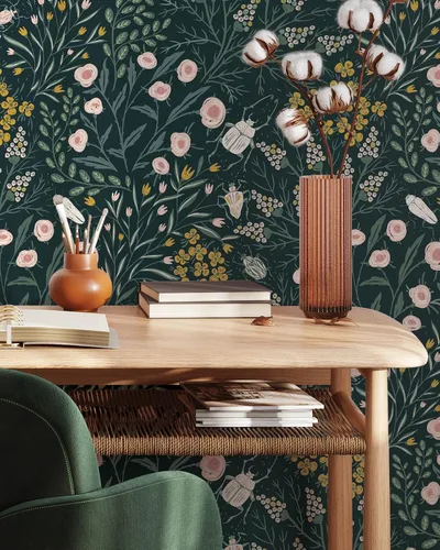 Vista 3 de Papel tapiz de flores mostaza y escarabajos, papel tapiz botánico autoadhesivo extraíble, papel tapiz floral para despegar y pegar