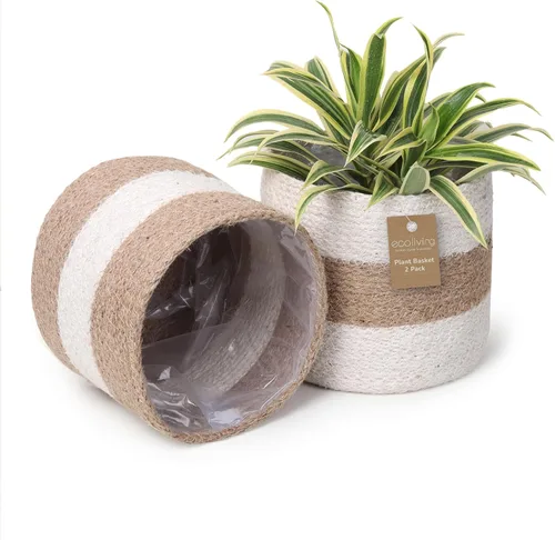 Vista 13 de Cesta de maceta de yute - Cubiertas de cuerda de yute tejidas para decorar suculentas de interior/exterior, macetas pequeñas - Juego de 2