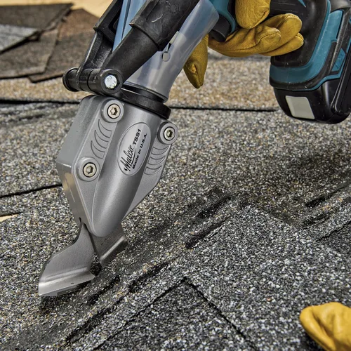 Vista 6 de Malco TSS1 Turbo Shear para tejas de asfalto - Mandíbula de bisel ancho, corte multicapa de 0.6 in, ajuste lateral de la cuchilla, control con una