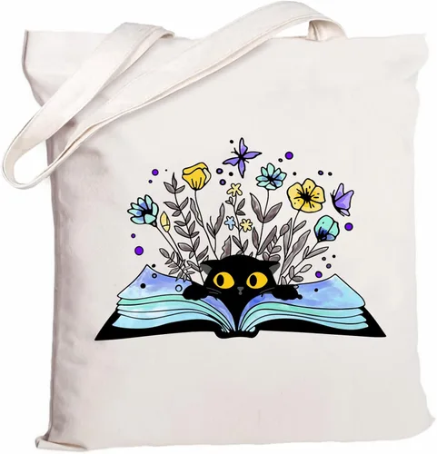 Vista 19 de Andeiltech - Bolsa de lona para mujer, con diseño de gato bonito y estética, bolsas reutilizables para compras y comestibles, con bolsillo