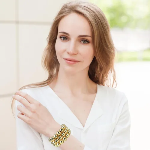 Vista 5 de Brazalete de cuentas chapadas en oro de 14 quilates, delicado y apilable, para mujeres y niñas