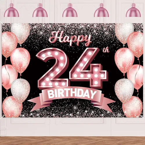 Vista 199 de Cartel de feliz cumpleaños décimo oro rosa, telón de fondo, saludos a 10 años, globos de confeti, decoración temática para niñas de 10 años