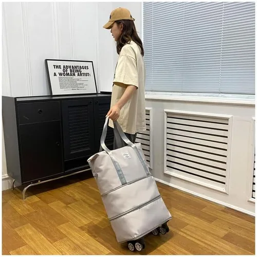 Vista 7 de Bolsa de equipaje plegable de doble capa, expandible, gran capacidad, separación seca y húmeda, bolsa de lona con ruedas, Rosado, Moda