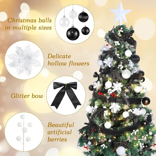 Vista 2 de Poen Juego de 108 adornos para árbol de Navidad, incluye bolas para árbol navideño, flor de pascua con purpurina, lazos, bayas, tallos, hojas, copos