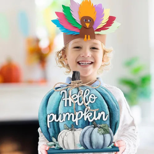Vista 5 de Soaoo Decoración de Acción de Gracias, letrero de madera de otoño con texto en inglés "Hello Pumpkin", decoración de mesa de calabaza de otoño de 11