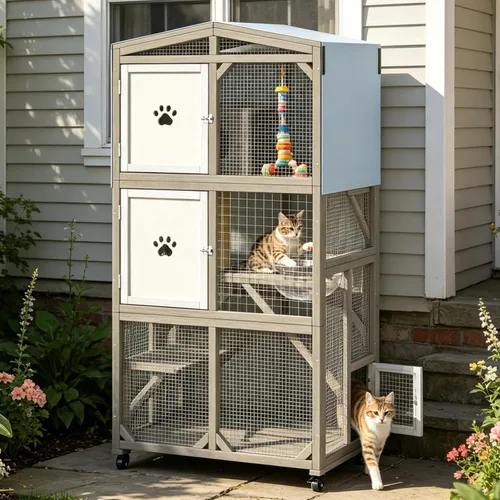 Vista 8 de Ketive Catio grande de madera para exteriores de 64", casa para gatos de ventana con ruedas y 3 plataformas, jaula para gatitos con techo resistente