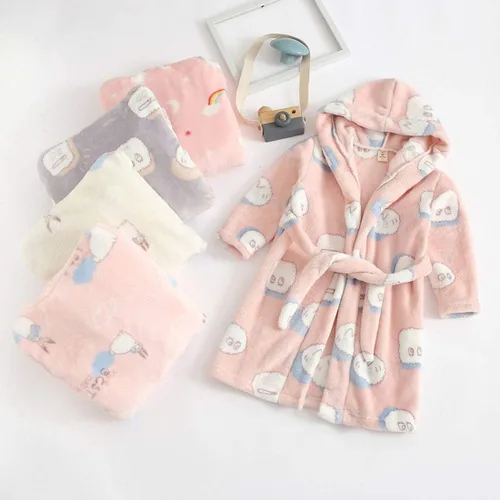 Vista 2 de Bata con capucha para niños y niñas, de forro polar, suave, pijama, ropa de dormir Beige