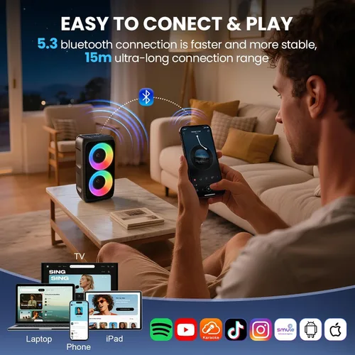 Vista 6 de Altavoz Bluetooth con 2 micrófonos inalámbricos recargables, altavoz portátil para fiesta con luces de colores, altavoces de pie compatibles