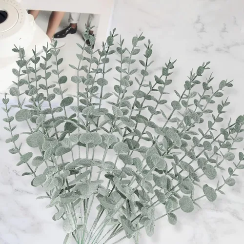 Vista 3 de GREENRAIN 24 piezas de tallo de eucalipto artificial de seda de eucalipto sintético, ramas de eucalipto falsas, plantas para bodas, fiestas, ramos