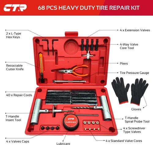 Vista 2 de CTR - Kit de tapones para neumáticos de alta resistencia, kit de reparación de neumáticos planos premium de 68 piezas con tapones