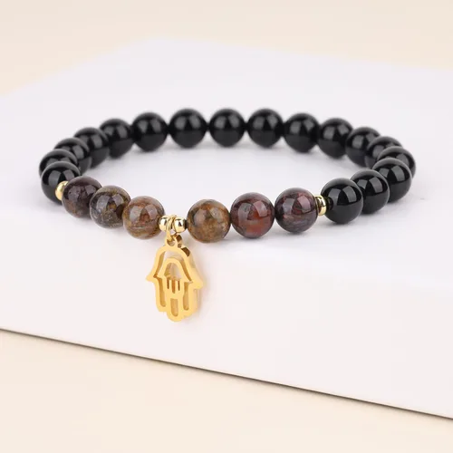 Vista 4 de COAI Pulsera Hamsa de piedra turmalina negra con dije de mano