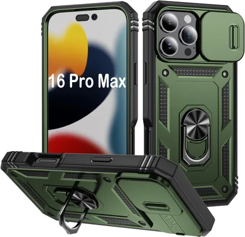 Vista 34 de PASNEW Funda militar para iPhone 13 Pro Max, cubierta de cámara deslizante y soporte de anillo de metal de 360°, carcasa rígida multicapa resistente