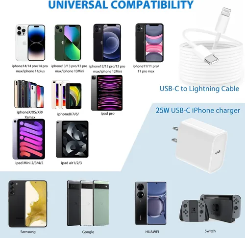 Vista 6 de Cargador de iPhone de 25 W, paquete de 2 adaptadores de carga rápida USB C de 25 W PD de pared con 2 cables tipo C a Lightning de 10 pies de largo