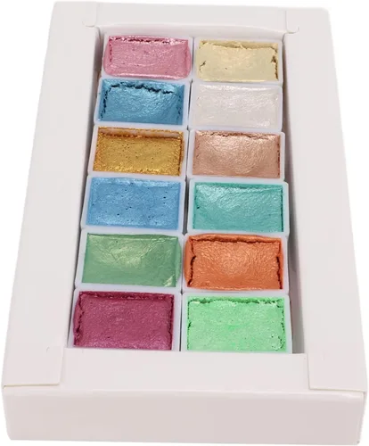 Vista 5 de Juego de pintura de acuarela, 12 colores metálicos con purpurina para acuarela, kit de pintura sólida para artistas, estudiantes, pintura