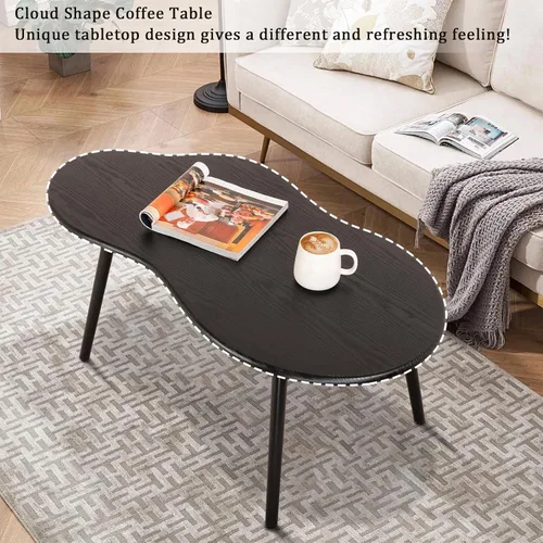 Vista 7 de Mesa de centro pequeña, mesa de centro de nube negra para espacios pequeños, mesa central moderna única e irregular con patas de madera, mesa