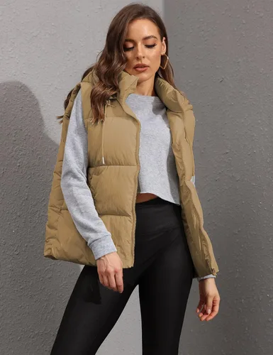 Vista 5 de Chaleco acolchado para mujer con capucha extraíble, sin mangas, con cremallera completa, chaqueta acolchada de plumón