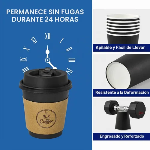 Vista 2 de JOLLY CHEF - Tazas de café de 10 onzas con tapas, mangas y agitadores, 100 Negro-10oz
