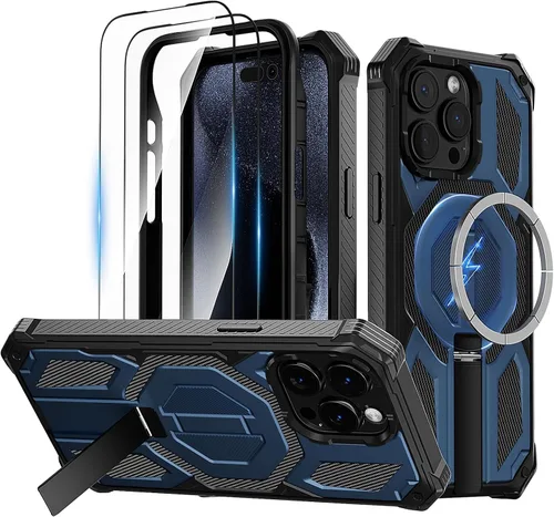 Vista 11 de Funda magnética para iPhone 15 con soporte y protector de pantalla [compatible con Magsafe] antideslizante, cuerpo completo, doble capa, resistente