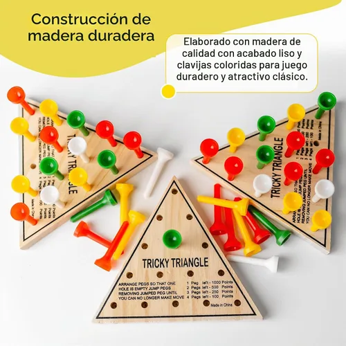 Vista 5 de Paquete de 3 – Juego de mesa con clavija triangular de madera – Mini juego de viaje retro