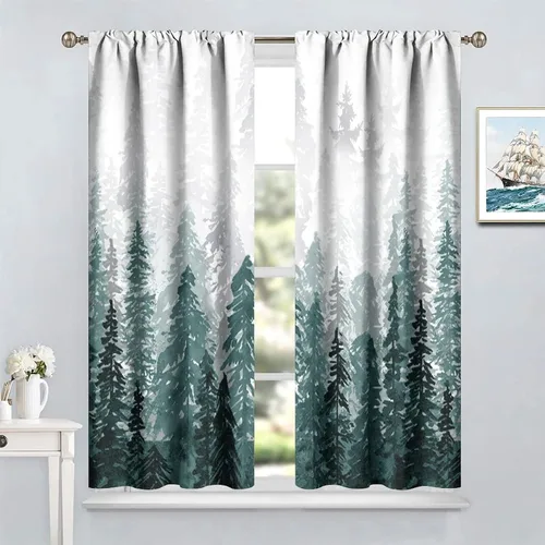 Vista 2 de Cortinas de bosque brumoso azul, bolsillo para barra, paisaje natural, árbol brumoso, montañas, camping, paisaje, rústico, impreso, dormitorio, sala