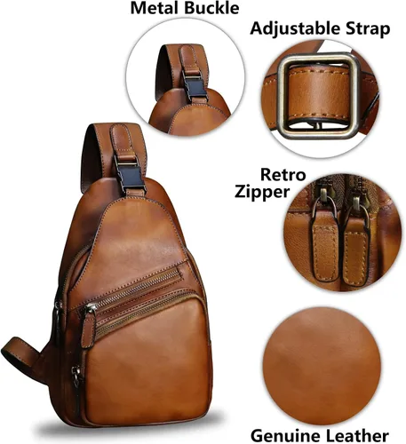Vista 6 de Bolso de cuero genuino para hombres y mujeres, estilo vintage, de cuero auténtico, bandolera de hombro, bolso cruzado en el pecho, Marrón, Mediana
