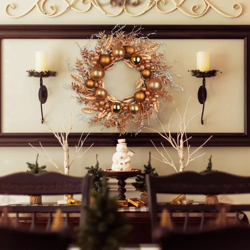 Vista 4 de Corona de Navidad sin luz de 16 pulgadas, corona de puerta de bronce hecha a mano con bayas de eucalipto artificiales y adornos para decoración