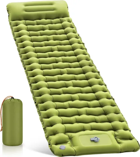 Vista 8 de Colchoneta para dormir, ultraligera e inflable para acampar con almohada con bomba de pie integrada, extra gruesa y compacta para acampar