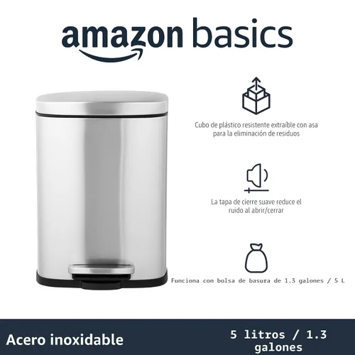 Vista 5 de Amazon Basics Mini cubo de basura rectangular resistente a las manchas con pedal de cierre suave, acero inoxidable cepillado, para baño y espacios