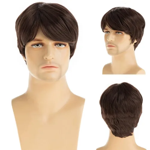 Vista 15 de Peluca negra corta y rizada para hombre, peluca sintética para cosplay, con gorra de peluca