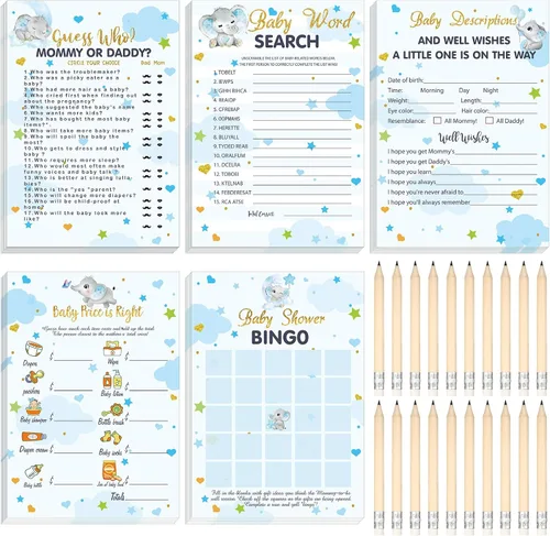 Vista 20 de Yinder 145 tarjetas de actividades para juegos de baby shower con 20 lápices, incluye descripción de bingo para bebés y deseos, adivina quién es