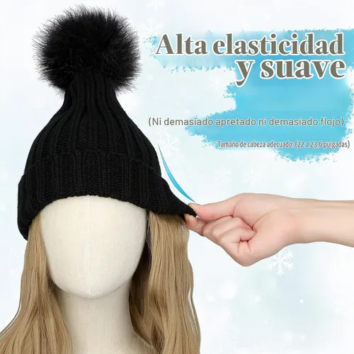Vista 4 de Gorro de peluca con extensiones de cabello largo ondulado – Gorro de punto acanalado con pompón unido 14 pulgadas rizado sintético postizo