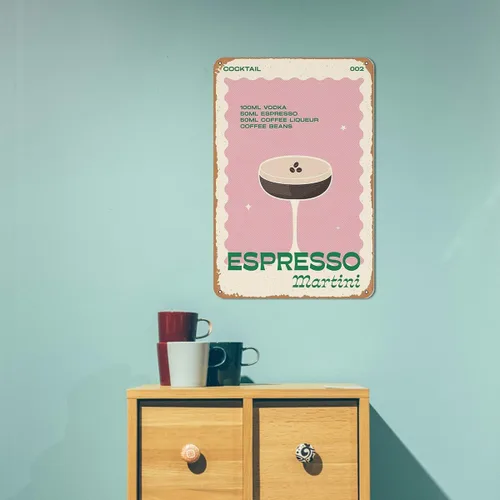 Vista 2 de Arte de pared Espresso Martini – Cartel de metal retro de cóctel para decoración de bar del hogar, regalos de Martini expreso, arte de Martini