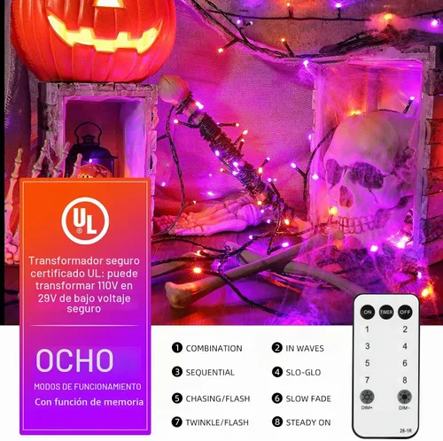 Vista 3 de XTF2015 Guirnalda de luces de Halloween naranja y morada, luz de Halloween de 105 pies, 300 LED que cambian de color, enchufe de extremo a extremo