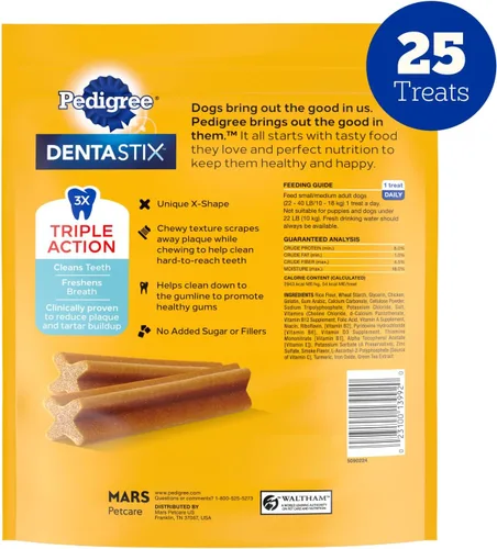 Vista 9 de Bocados Pedigree Dentastix para perros pequeños/medianos. Original chicken flavor, Triple action dental care, reduces tartar, cleans teeth