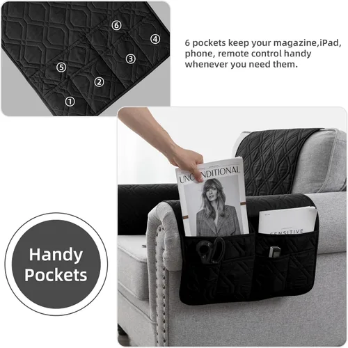 Vista 2 de Juego de 3 fundas impermeables para sofá reclinable, funda para reposabrazos y reposacabezas con 6 bolsillos de almacenamiento, protector acolchado